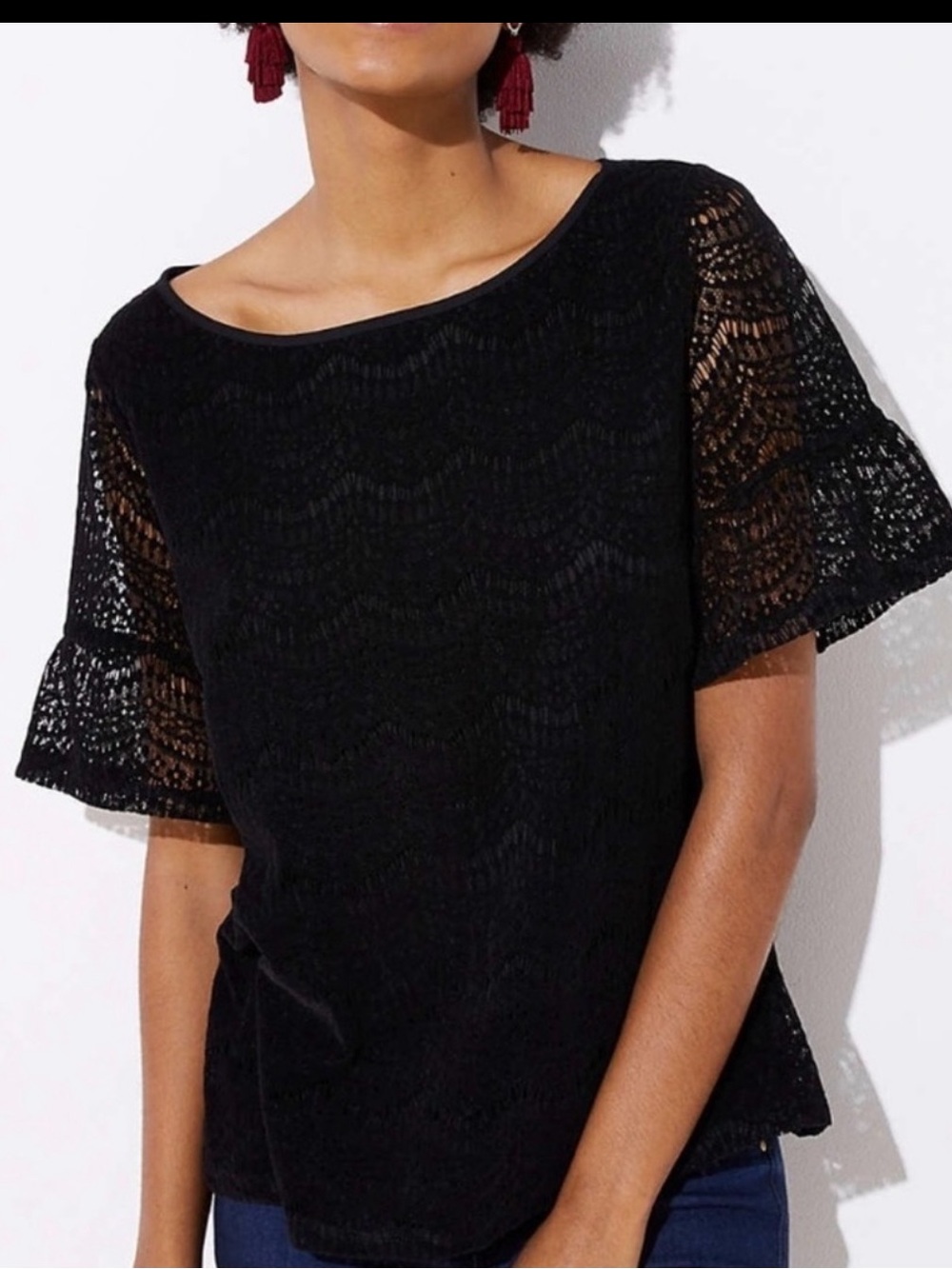 LOFT Black Velvet Lace Flutter Sleeve Top NWT Medium Burnout Lace